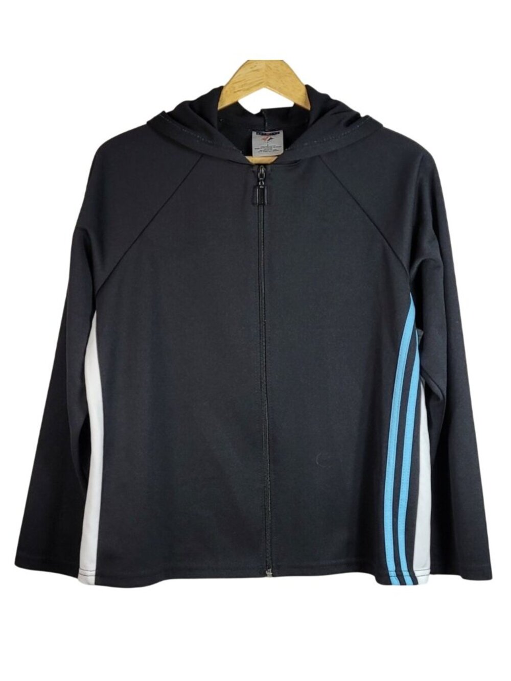 Jerzees Mens Full Zip Activewear Jacket Black Large Hood Long Sleeve Blue Stripe